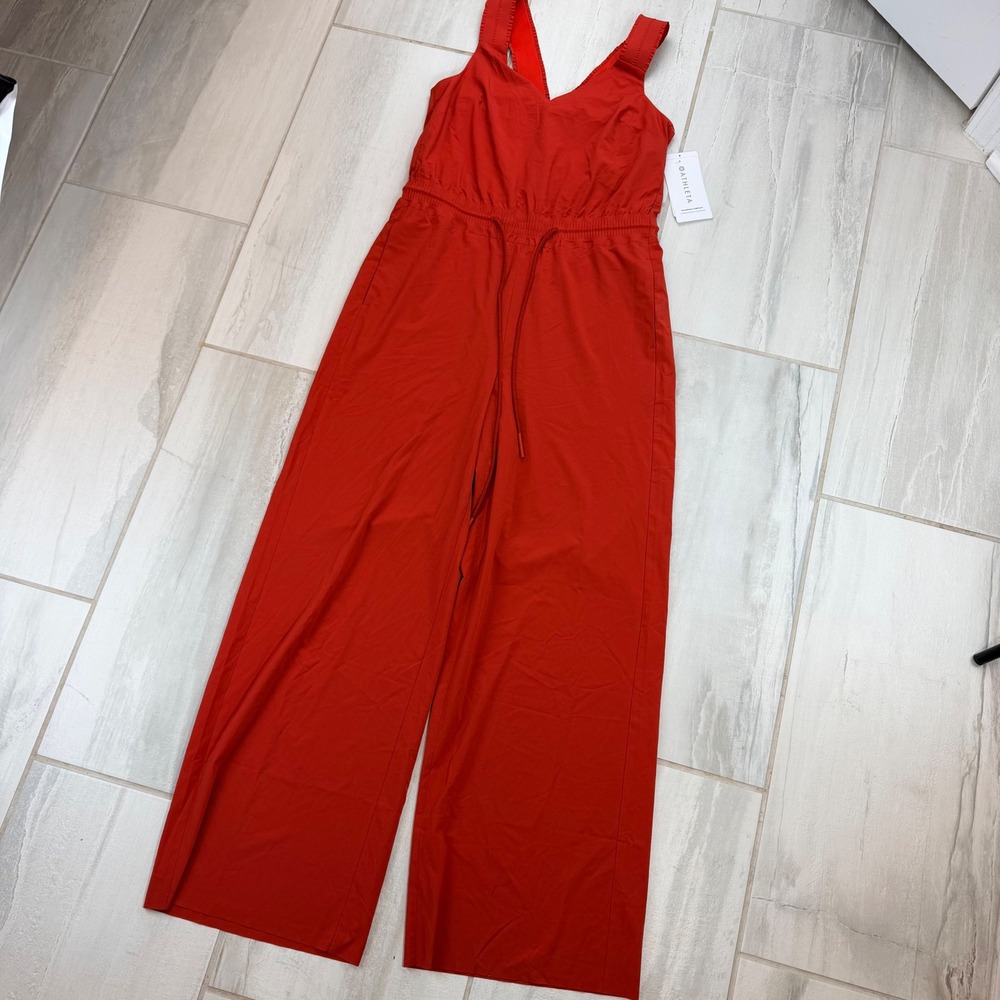 Athleta Savannah Jumpsuit Red Wide Leg V-Neck Ruffle Strap Size 4 798378